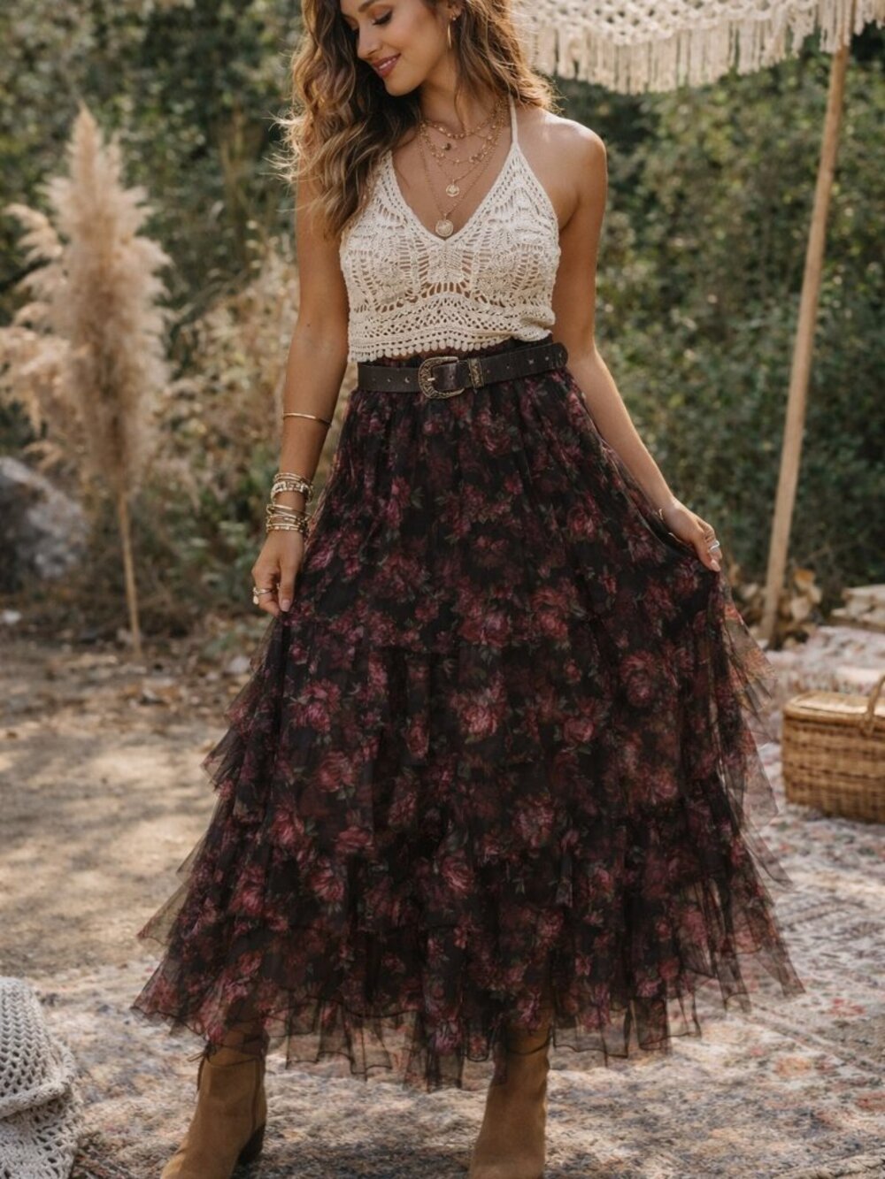 Amber Sky Black and Deep Pink Floral Layered Maxi Skirt
